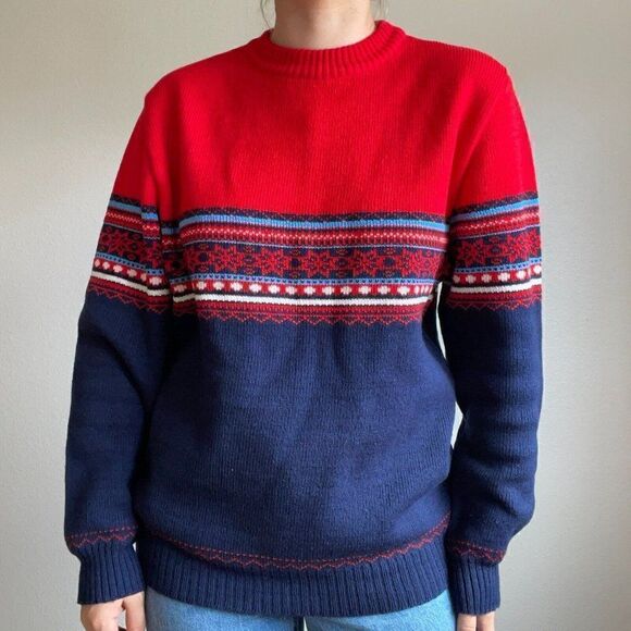 Vintage 90s David Gregg Fair Isle Red Blue Oversized Grandpa Sweater Sz L - Picture 3 of 7